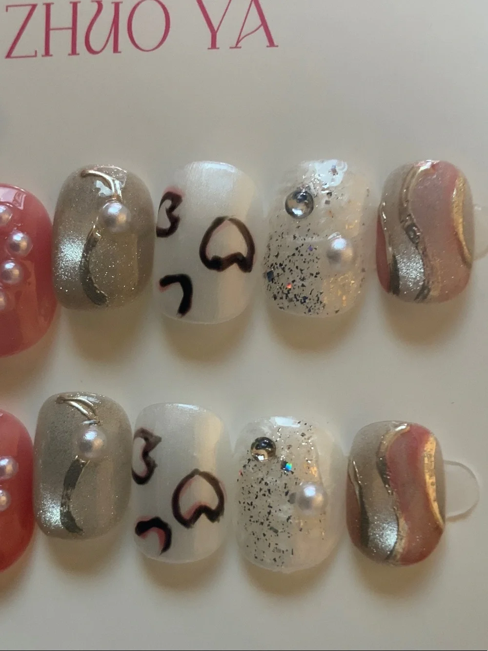 CUSTOM MADE L 1.0 Pink Pearl & Metallic Accent & HEARTS Press-On Nails